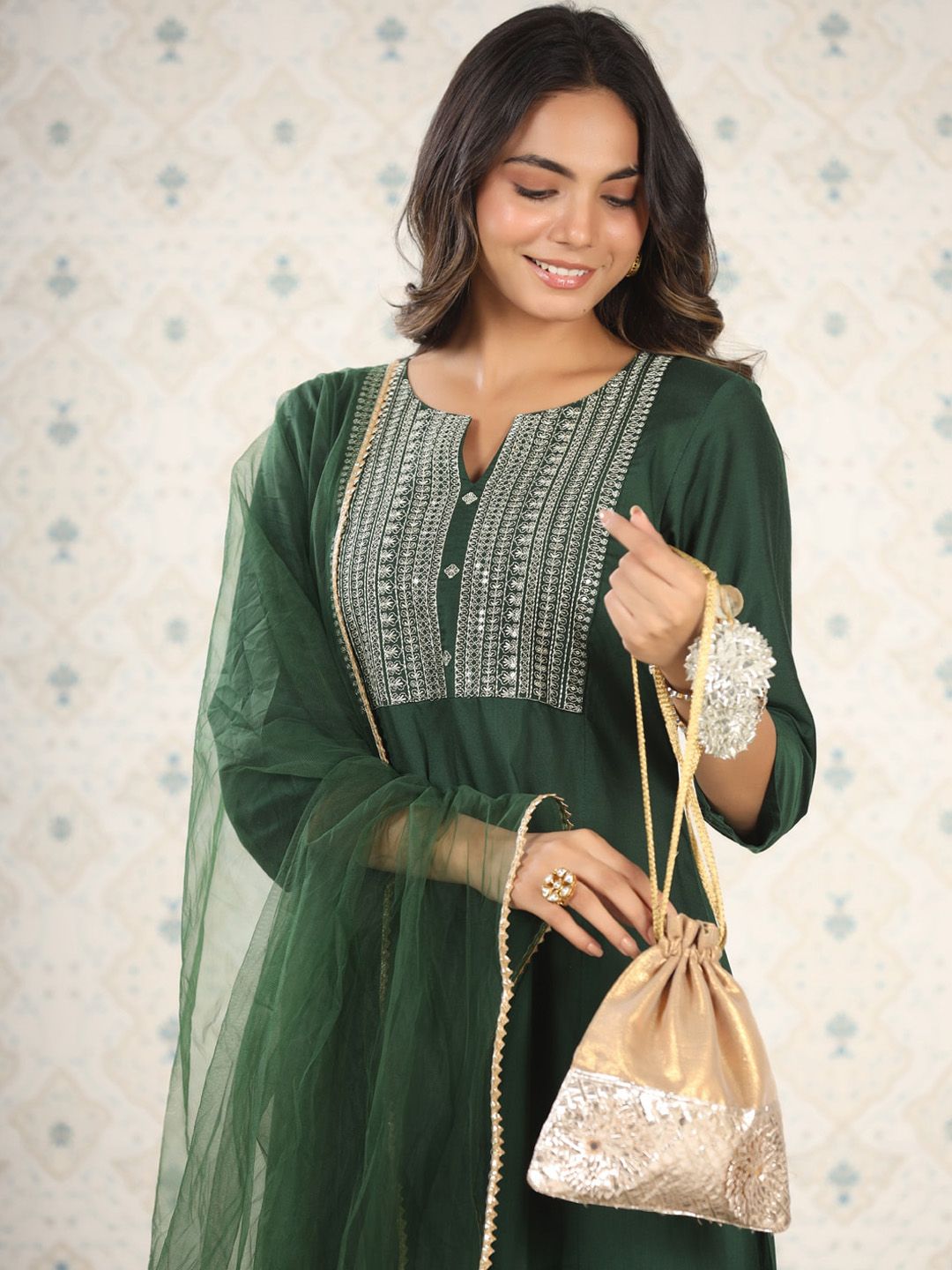 Ode by House of Pataudi Embroidered Gota Patti Straight Kurta With Trousers & Dupatta - Distacart