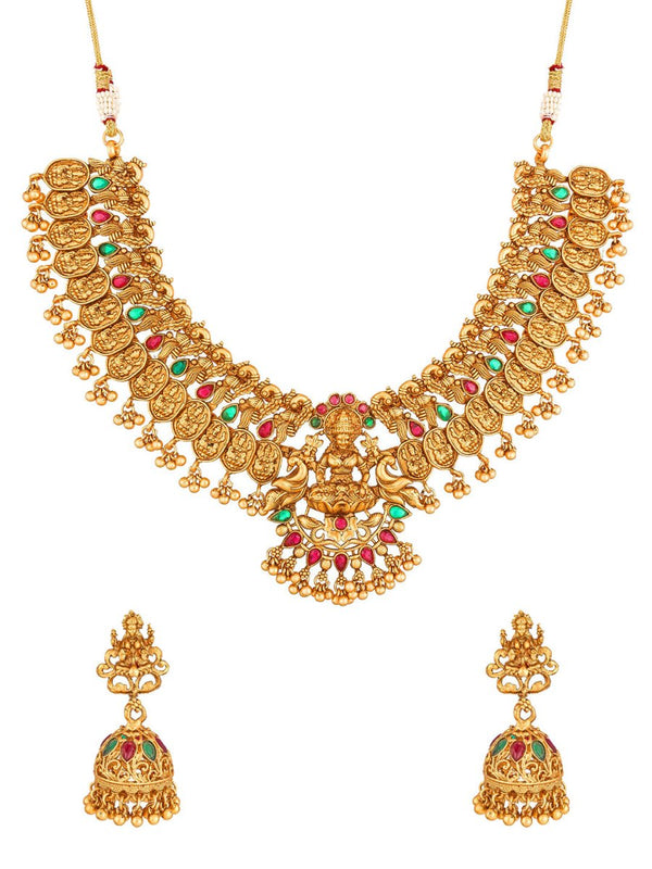 Aadita Gold-Toned Red & Green Stone-Studded Temple Jewelry Set - Distacart
