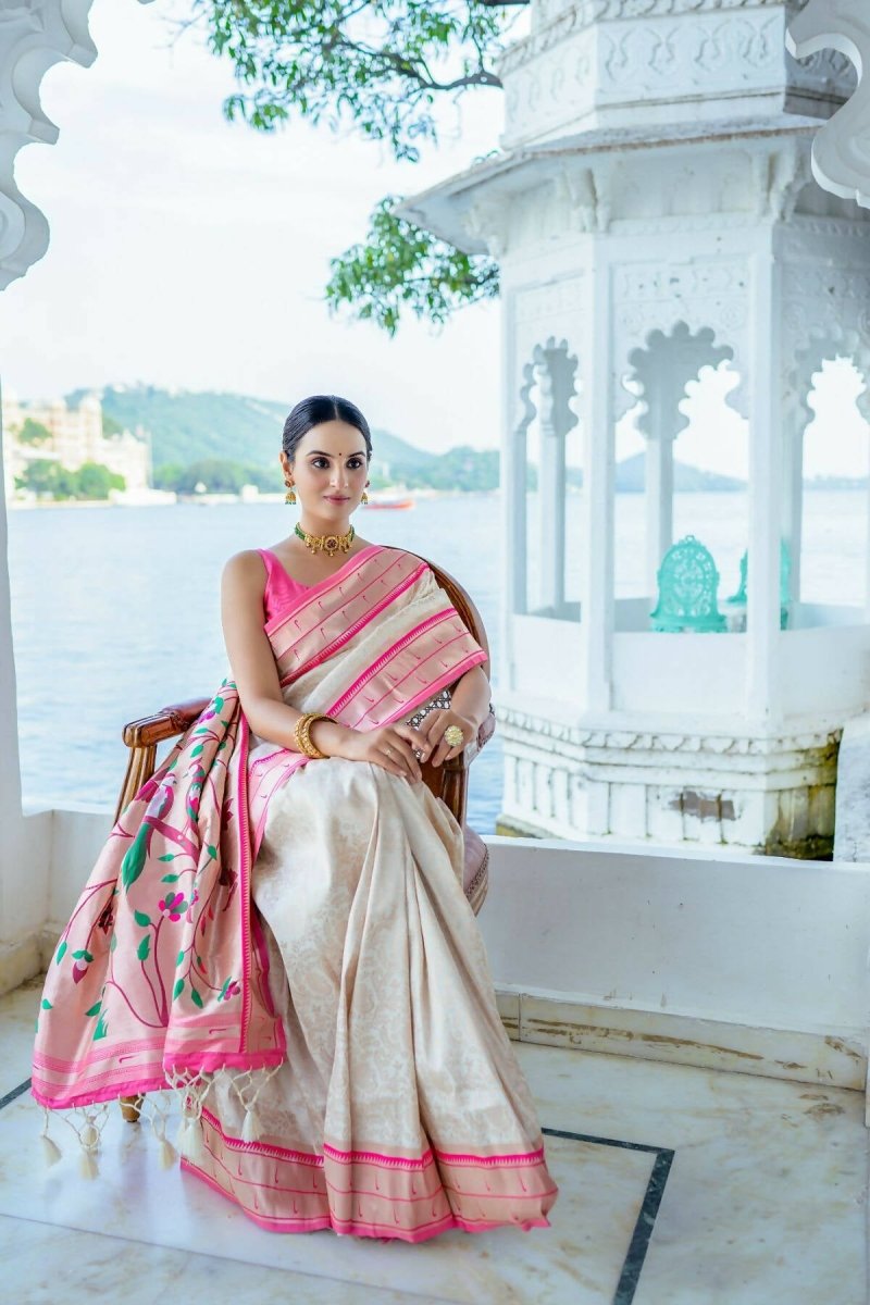 Aastha Fashion Off White Woven Kanjivaram Silk Saree with Blouse - Distacart