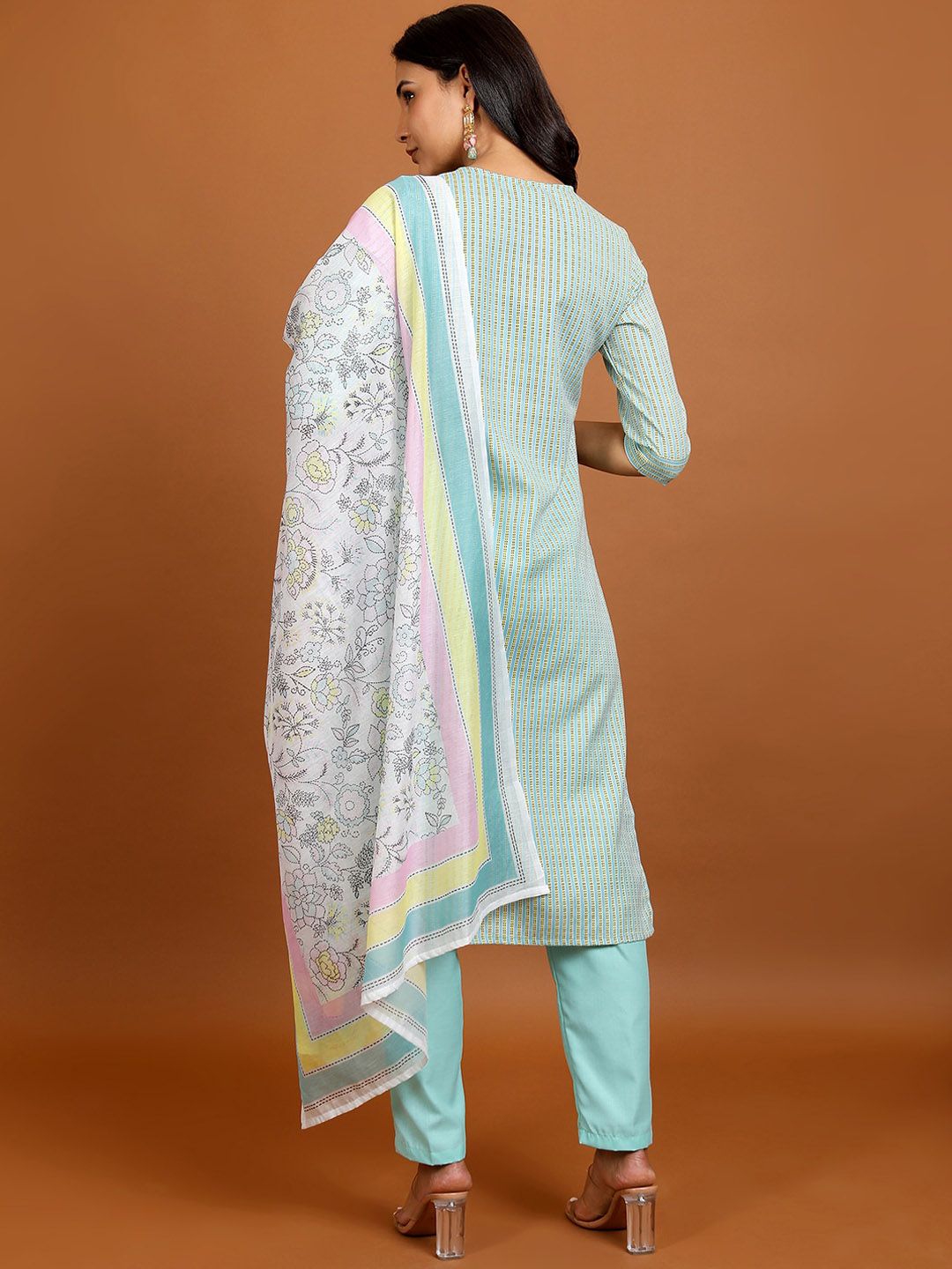 Vishudh Striped Keyhole Neck Straight Kurta With Trousers & Dupatta - Distacart