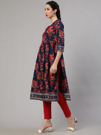 Thumbnail for Aks Floral Printed Tie-Up Neck Pleated Cotton A-Line Kurta - Distacart