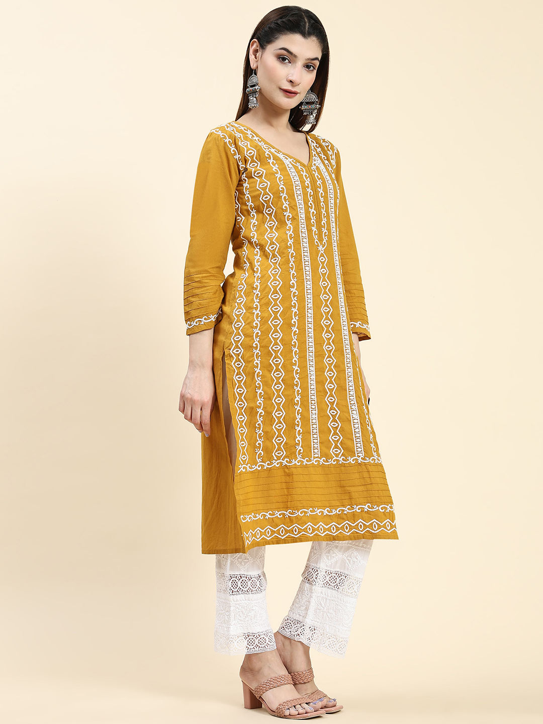 HOUSE OF KARI Ethnic Motifs Embroidered Chikankari Cotton Kurta - Distacart