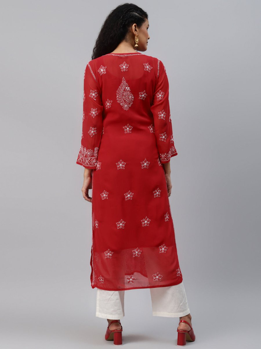 ADA Women Red & White Hand Embroidered Chikankari Sustainable Handloom Kurta With Matching Slip - Distacart