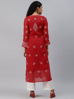 Thumbnail for ADA Women Red & White Hand Embroidered Chikankari Sustainable Handloom Kurta With Matching Slip - Distacart