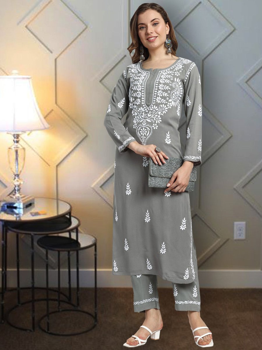 ADA Ethnic Motifs Embroidered Lucknowi Chikankari Kurta with Trousers - Distacart