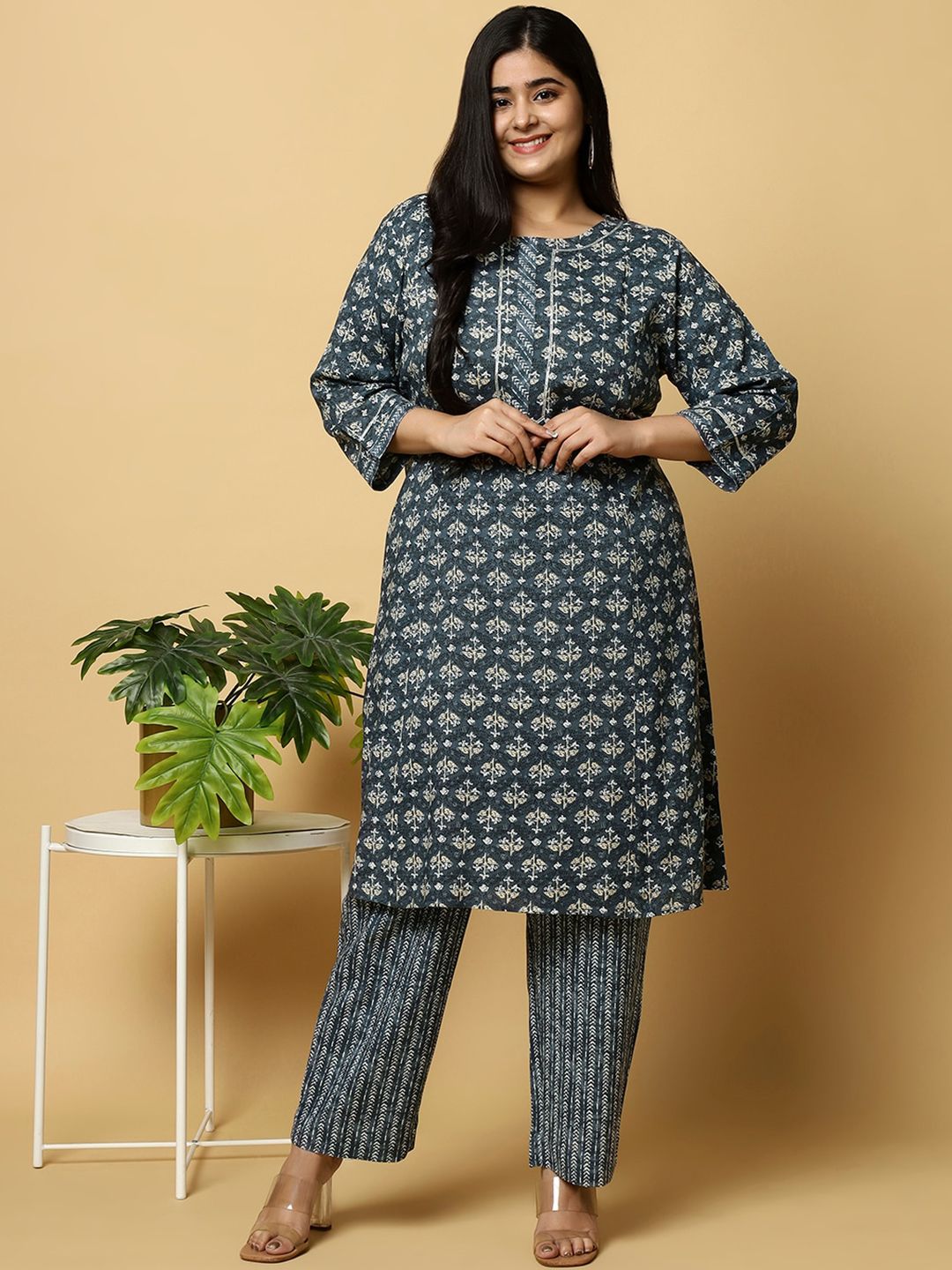 Sztori Plus Size Floral Printed Pure Cotton Straight Kurta With Trouser - Distacart