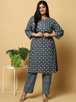 Thumbnail for Sztori Plus Size Floral Printed Pure Cotton Straight Kurta With Trouser - Distacart