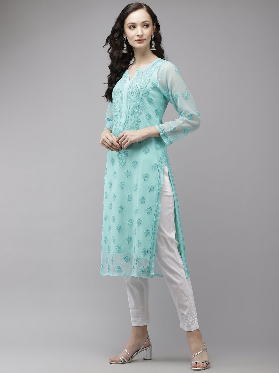 ADA Women Sea Green Embroidered Regular Chikankari Handloom Kurta with Trousers - Distacart