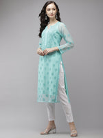 Thumbnail for ADA Women Sea Green Embroidered Regular Chikankari Handloom Kurta with Trousers - Distacart