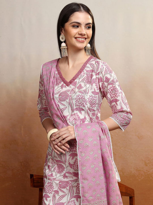 Vishudh Women Floral Printed Regular Pure Cotton Kurta with Trousers & With Dupatta - Distacart