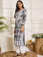 Thumbnail for HOUSE OF KARI Floral Embroidered Chikankari Cotton Straight Kurta - Distacart