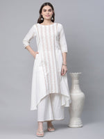 Thumbnail for Ahalyaa Women's Off white Pure Cotton Printed Asymmetric Kurta Palazzo Set