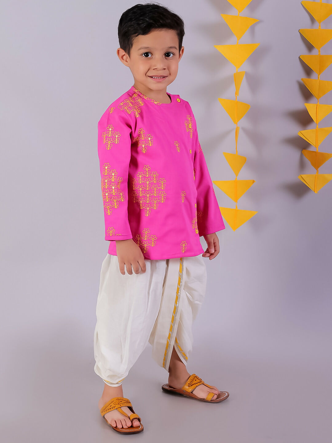 Lil Drama Janmashtami Pink Boys Cotton Kurta and White Dhoti Ethnic Set - Distacart