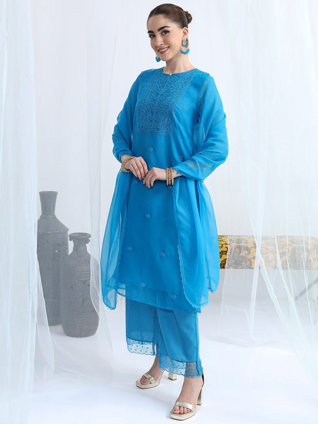Vishudh Blue Floral Embroidered Keyhole Neck Straight Kurta & Palazzos With Dupatta - Distacart