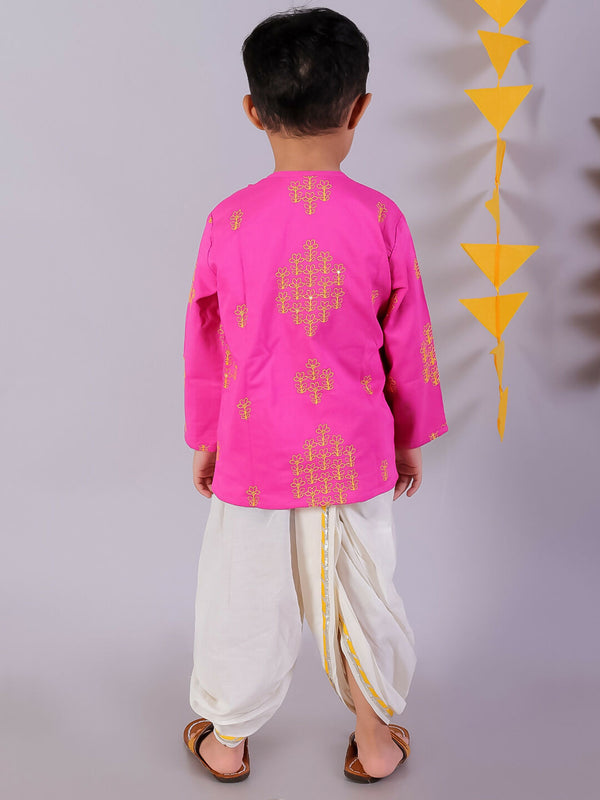 Lil Drama Janmashtami Pink Boys Cotton Kurta and White Dhoti Ethnic Set - Distacart