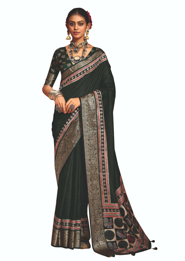 Joban Fashion Green Art Silk With Fine Viscose Border Ajrak Full Body Print With Soft Finish Saree