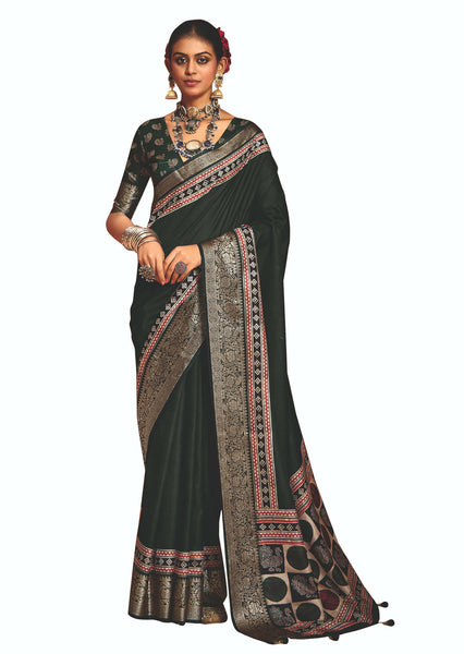 Joban Fashion Green Art Silk With Fine Viscose Border Ajrak Full Body Print With Soft Finish Saree