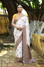 Thumbnail for Joban Fashion Ivory Crepe Chiffon Pure Handloom Banarasi Silk Saree