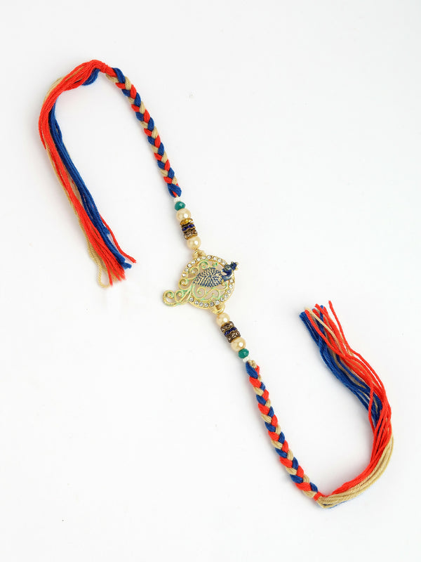 NVR Men Gold-Toned Peacock Design Stone-Studdded Rakhi With Roli Chawal & Chocolate - Distacart