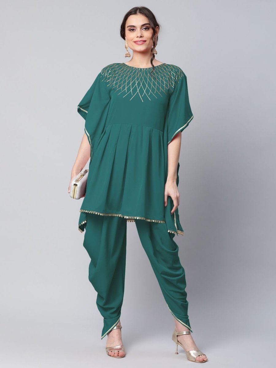 Ahalyaa Women Dark Green Crepe Glitter Printed Kurta with Dhoti Pants - Distacart