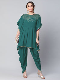 Thumbnail for Ahalyaa Women Dark Green Crepe Glitter Printed Kurta with Dhoti Pants - Distacart