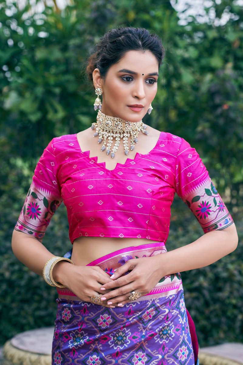 Aastha Fashion Purple Woven Patola Silk Saree with Blouse - Distacart