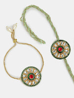 Thumbnail for NVR Women & Men Set of 2 Gold Kundan-Studded Handcrafted Wraparound Rakhi Set With Roli Chawal & Chocolate - Distacart