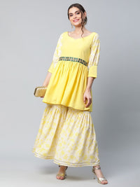 Thumbnail for Ahalyaa Women Yellow Crepe Floral Short Kurta with Sharara Set - Distacart