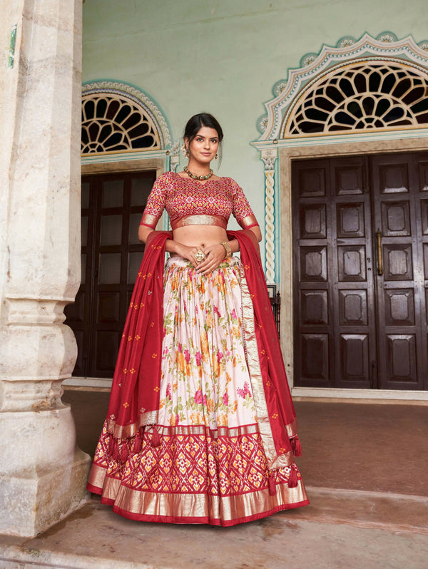 Vastranavya Exquisite Tussar Silk Lehenga Set With Perfect Floral And Patola Print Design Lehenga Choli - Red - Distacart