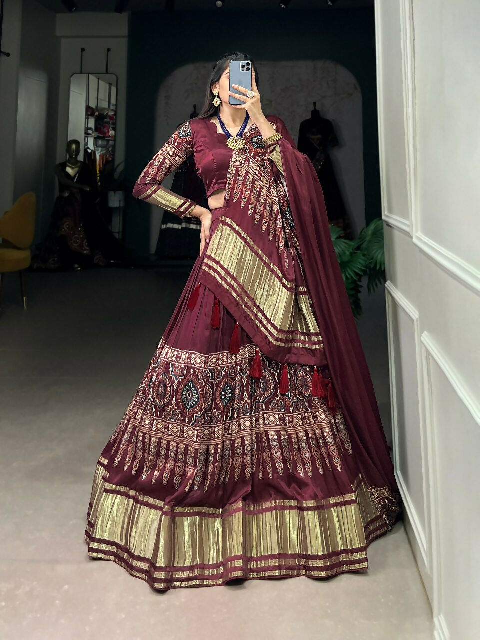 Vastranavya Traditional Every Occasion Gaji Silk Digital Print With Lagadi Patta Lehenga with Unstitched Blouse - Maroon