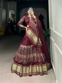 Thumbnail for Vastranavya Traditional Every Occasion Gaji Silk Digital Print With Lagadi Patta Lehenga with Unstitched Blouse - Maroon