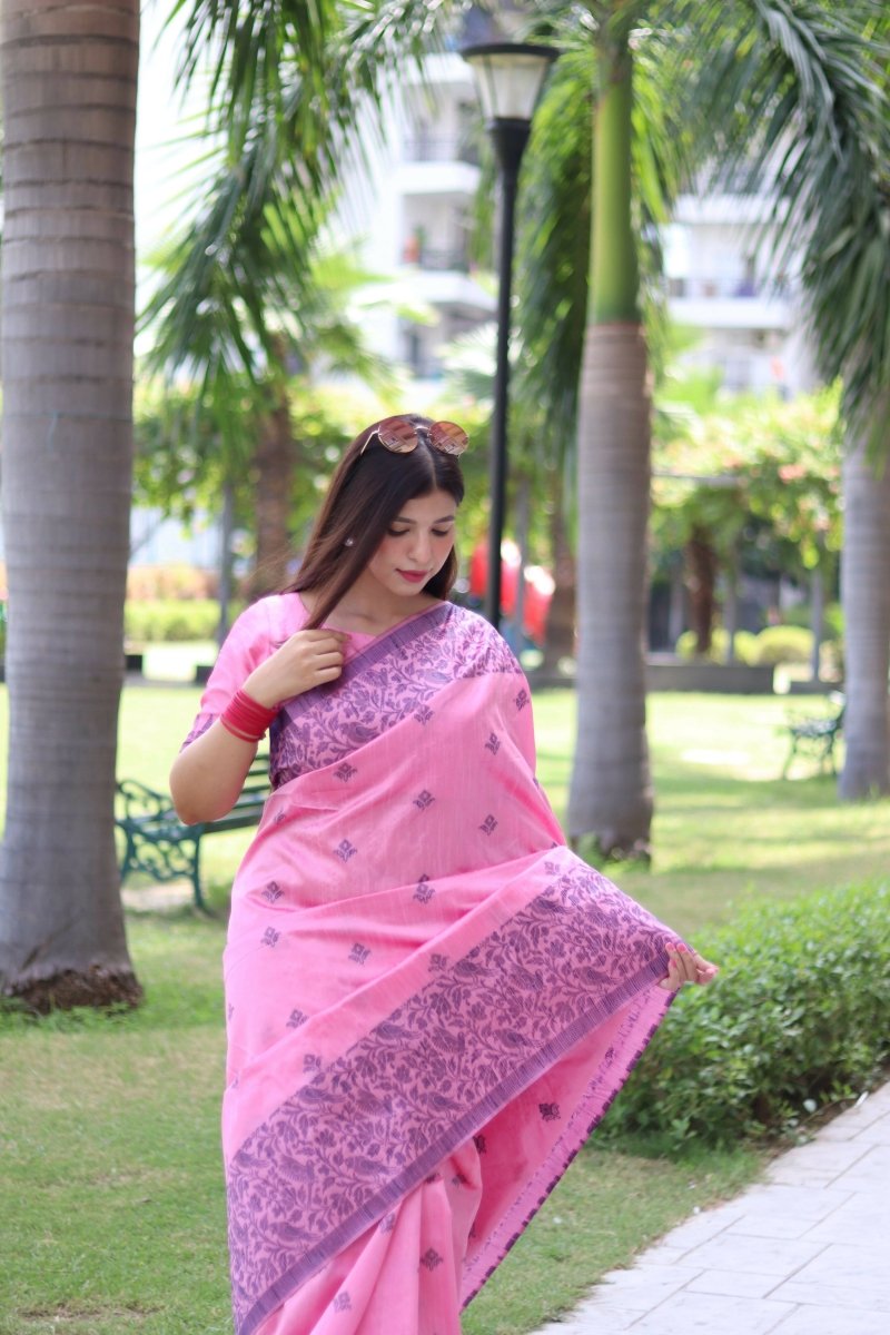 Aastha Fashion Baby Pink Woven Handloom Raw Silk Saree with Blouse - Distacart
