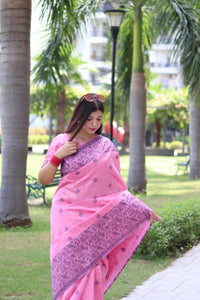 Thumbnail for Aastha Fashion Baby Pink Woven Handloom Raw Silk Saree with Blouse - Distacart