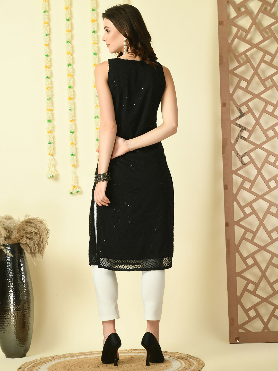 Myshka Women's Black Georgette Sleeveless Straight Party Kurta - Distacart
