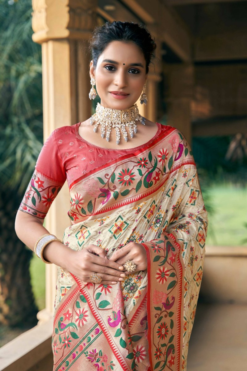 Aastha Fashion Cream Woven Patola Silk Saree with Blouse - Distacart