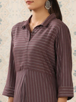 Thumbnail for Ode by House of Pataudi Brown & White Striped Shirt Collar Pure Cotton Kurta With Trousers - Distacart