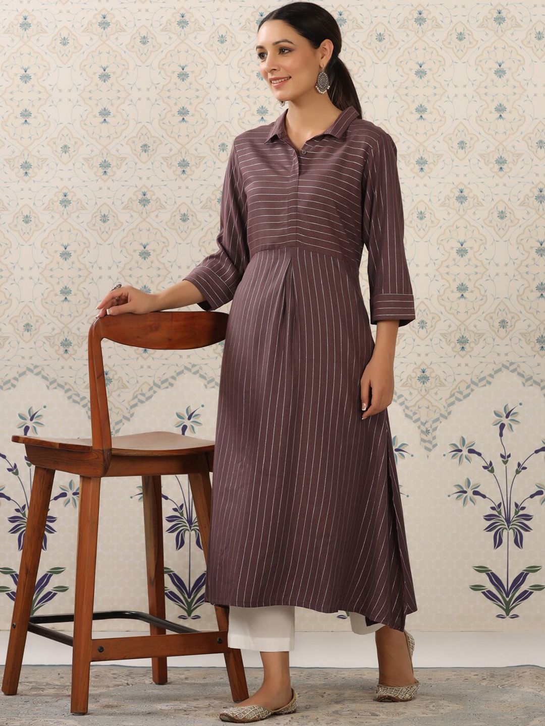 Ode by House of Pataudi Brown & White Striped Shirt Collar Pure Cotton Kurta With Trousers - Distacart