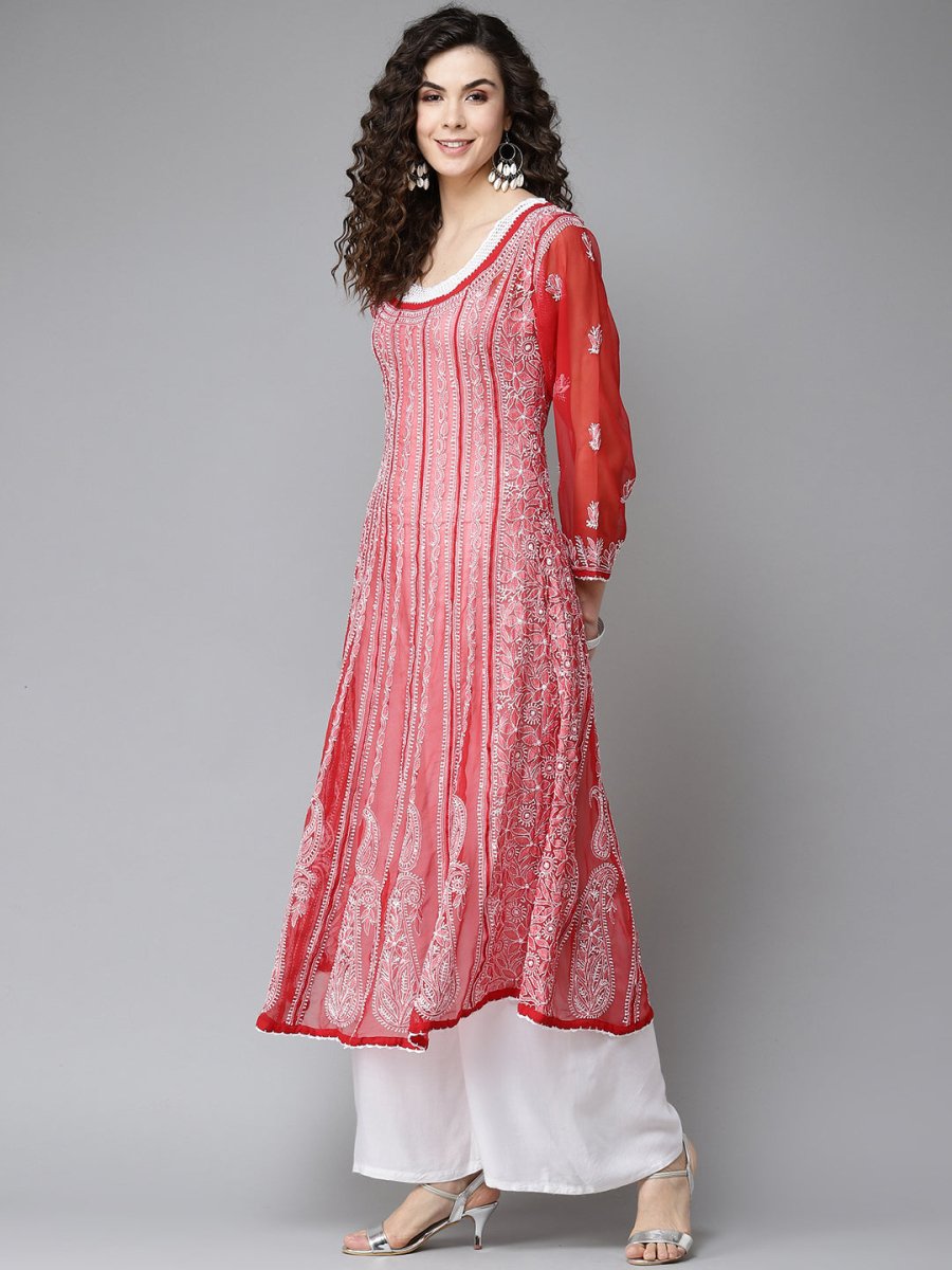 ADA Women Red & White Ethnic Motifs Embroidered Chikankari Georgette Kurta - Distacart