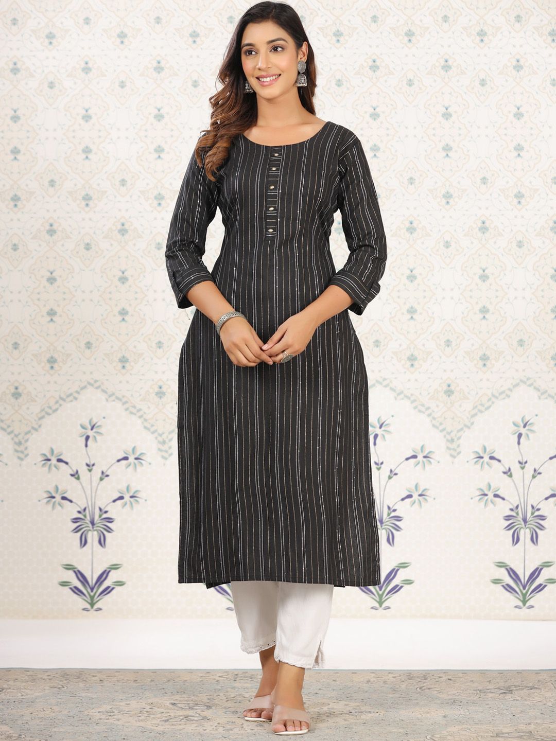 Ode by House of Pataudi Striped Round Neck Straight Cotton Kurta - Distacart