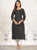 Thumbnail for Ode by House of Pataudi Striped Round Neck Straight Cotton Kurta - Distacart