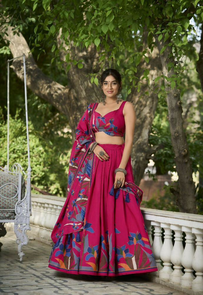 Vastranavya Polyester Viscose Chanderi Lehenga Choli With Intricate Print And Dupatta - Pink