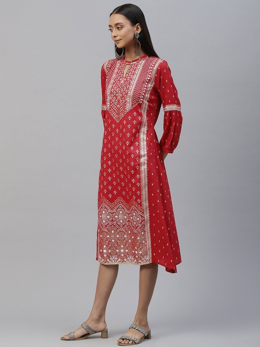 AURELIA Women Red & Golden Ethnic Motifs A-Line Midi Ethnic Dress