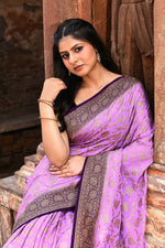 Thumbnail for Joban Fashion Lavender Crepe Chiffon Pure Handloom Banarasi Silk Saree