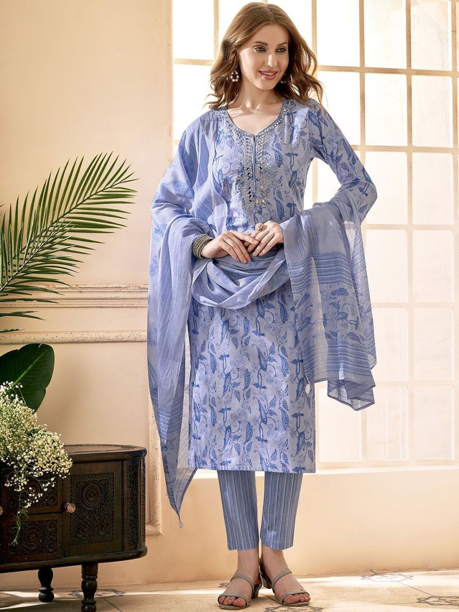 Anouk Blue Floral Embroidered Mirror Work V-Neck Pure Cotton Kurta With Trousers & Dupatta - Distacart