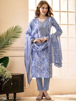 Thumbnail for Anouk Blue Floral Embroidered Mirror Work V-Neck Pure Cotton Kurta With Trousers & Dupatta - Distacart