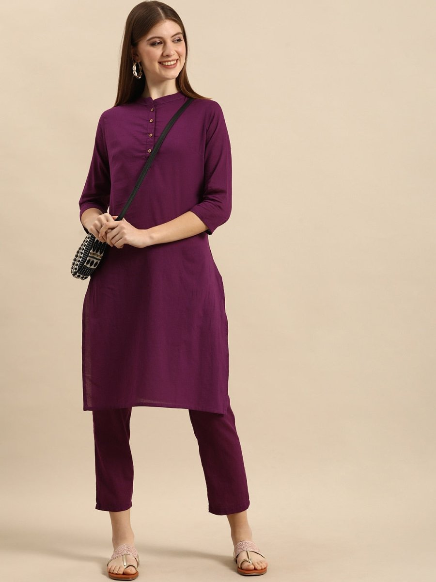 Anouk Women Purple Solid Regular Pure Cotton Kurta with Trousers - Distacart