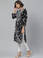 Thumbnail for ADA Women Black & White Chikankari Embroidered Straight Sustainable Handloom Kurta - Distacart