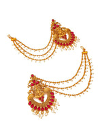 Thumbnail for Aadita Red Gold-Toned & White Pearls Studded Contemporary Drop Earrings With Hair Chain - Distacart
