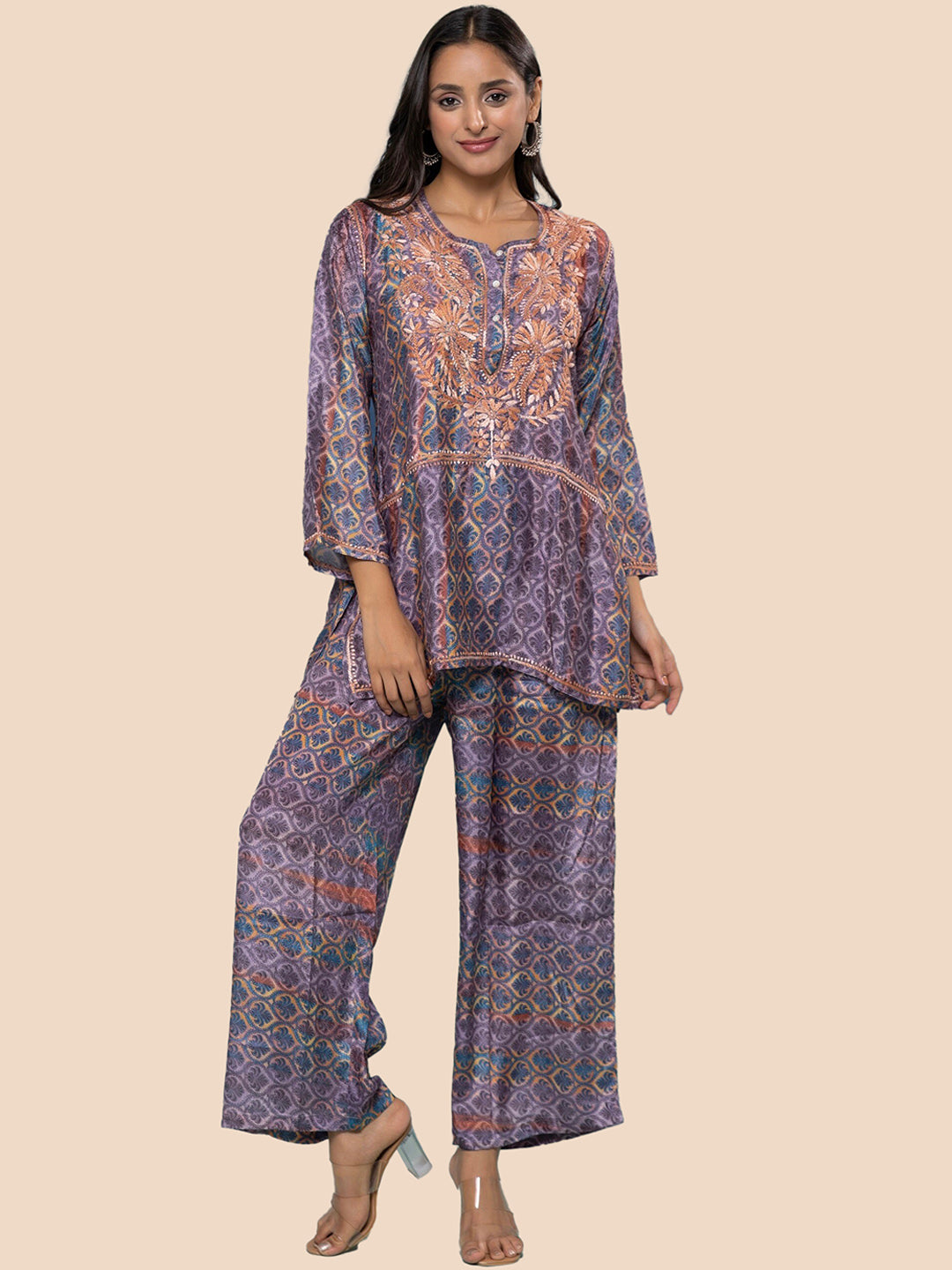 HOUSE OF KARI Floral Embroidered Regular Chikankari Straight Kurta with Palazzos - Distacart