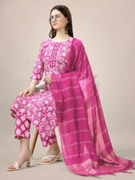 Thumbnail for Jyoti Fashion Women's Pink Rayon Print with Embroidery & Fancy Lace Work Kurta with Trouser & Dupatta - Distacart